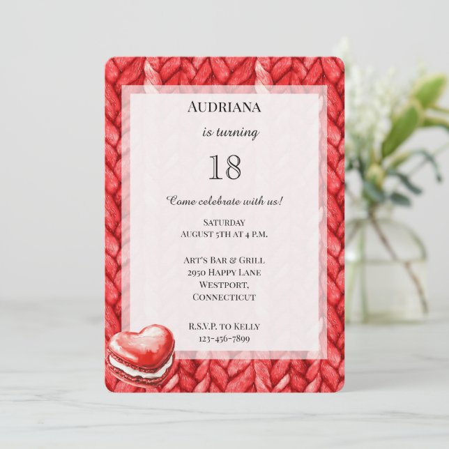 Red Sweater Heart Macaroon Cookie Birthday Invitation (Standing Front)
