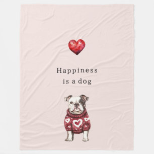 Red Sweater White Hearts Happiness is a dog Fleece Blanket