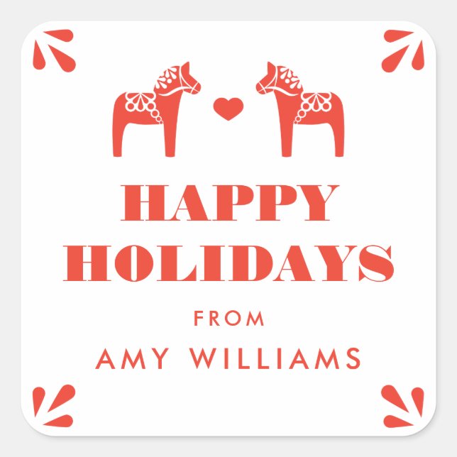 Red Swedish Dala Horse Holiday Gift Sticker (Front)