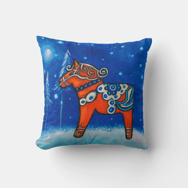 Red Swedish Dala Horse Whimsical Art Cushion (Front)
