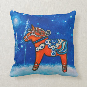 Red Swedish Dala Horse Whimsical Art Cushion