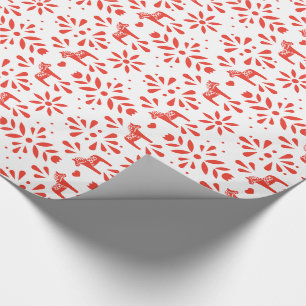 Red Swedish Dala Horse White Holiday Gift Wrap