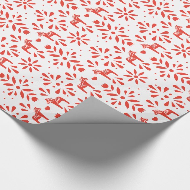 Red Swedish Dala Horse White Holiday Gift Wrap (Corner)