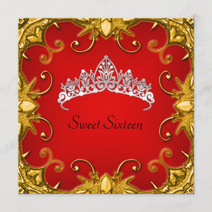 Red Sweet 16 Birthday Party Gold White Tiara Invitation