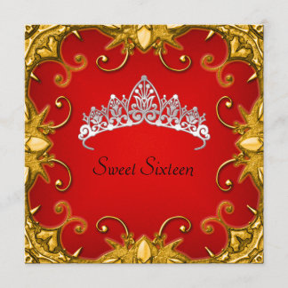 Red Sweet 16 Birthday Party Gold White Tiara Invitation