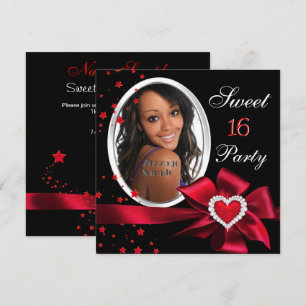 Red Sweet 16 Birthday Party Heart Photo Silver Invitation