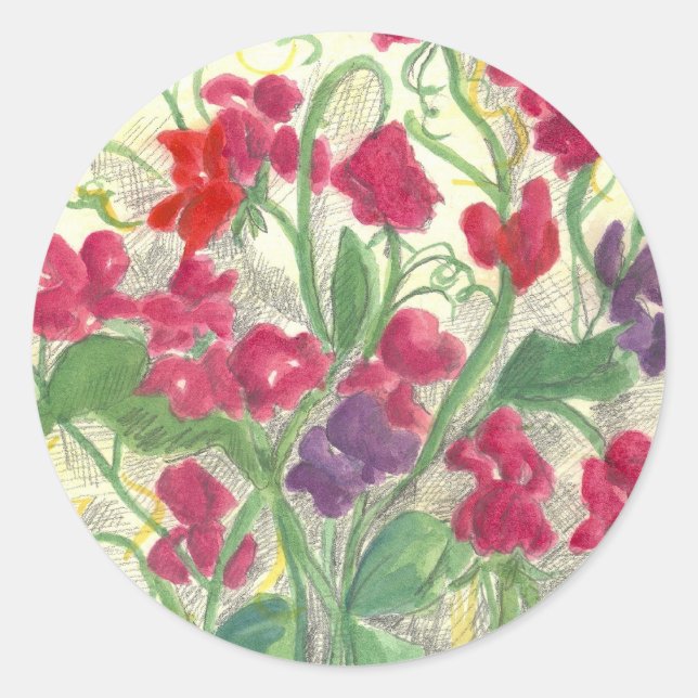Red Sweet Pea Watercolor Flower Garden Classic Round Sticker (Front)
