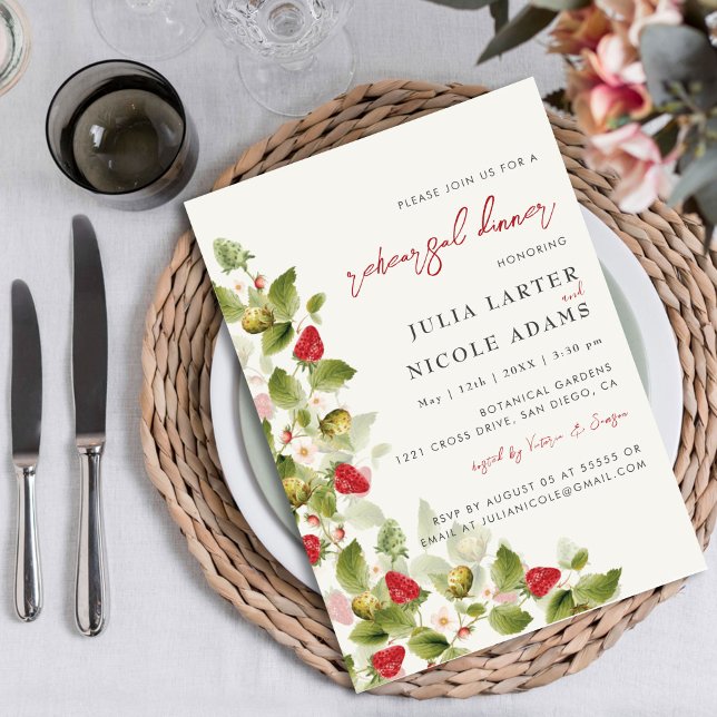 Red Sweet Wild Strawberry Flowers Rehearsal Dinner Invitation (Creator Uploaded)