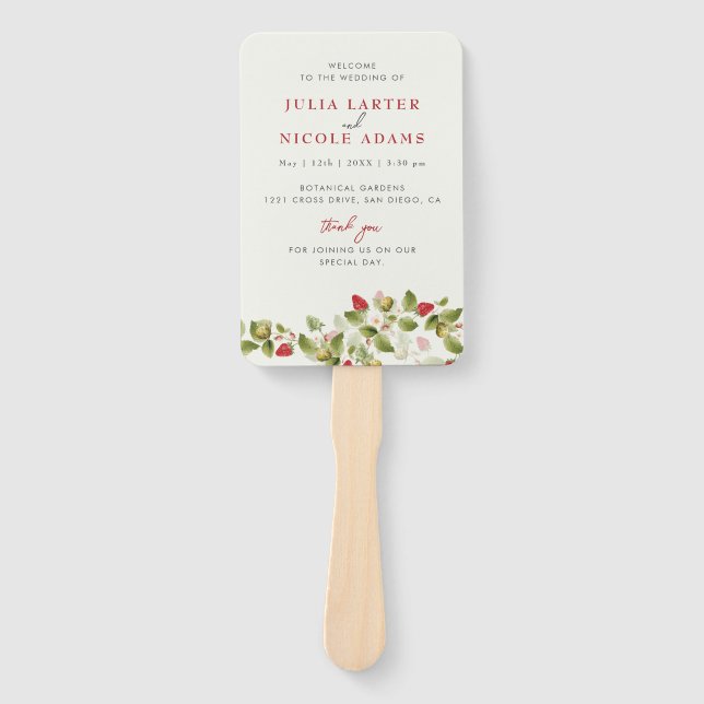 Red Sweet Wild Strawberry Flowers Wedding Hand Fan (Front)