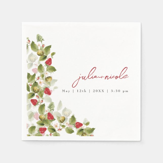 Red Sweet Wild Strawberry Flowers Wedding Napkin (Front)