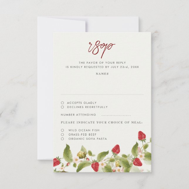 Red Sweet Wild Strawberry Flowers Wedding RSVP Card (Front)