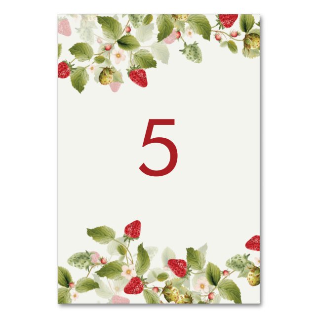 Red Sweet Wild Strawberry Flowers Wedding Table Number (Front)