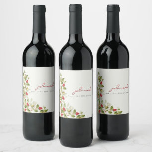 Red Sweet Wild Strawberry Flowers Wedding Wine Label