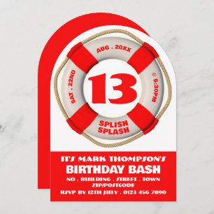 Red Swimming Pool Donut, Pool Party Birthday Invitation