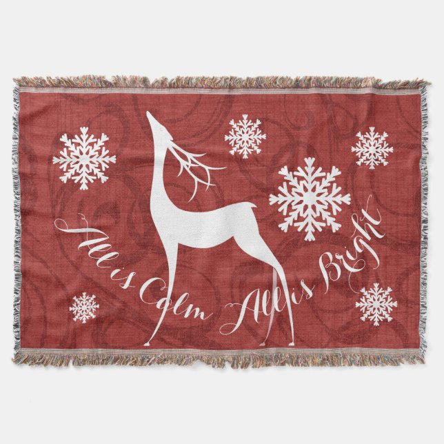 Red Swirl All is Calm All is Bright Deer Throw (Front)