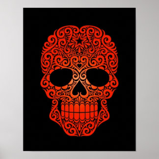 Red Swirling Sugar Skull on Black Poster