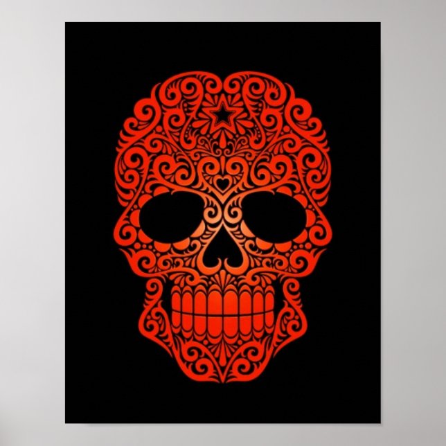 Red Swirling Sugar Skull on Black Poster (Front)