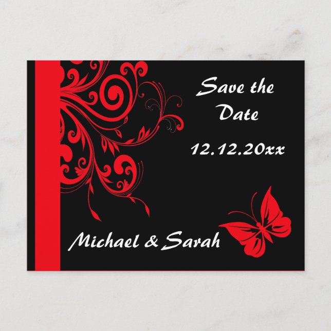 Red Swirls and Butterfly Save the Date Announcement Postcard (Front)