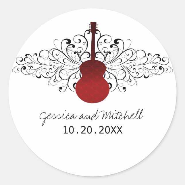 Red Swirls Guitar Wedding Stickers (Front)