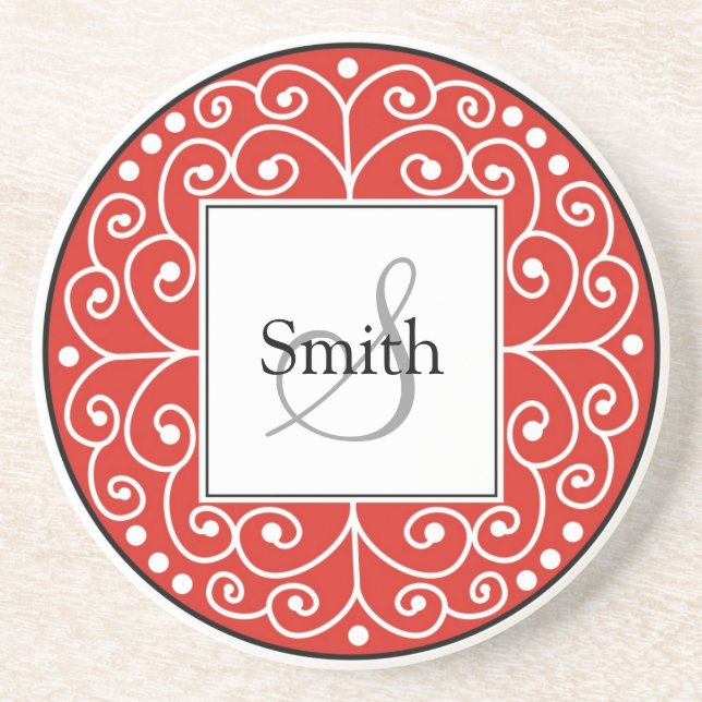 Red Swirls Monogram Personalised Wedding Coaster (Front)