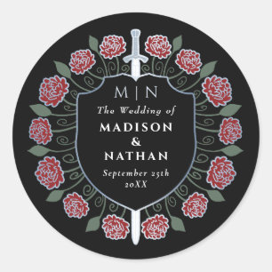 Red Sword Shield Medieval Fantasy Monogram Wedding Classic Round Sticker