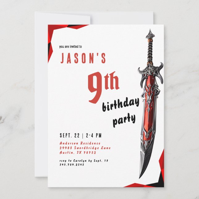 Red Sword Warrior Boy Birthday Party  Invitation (Front)