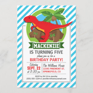 Red T-Rex Dinosaur; Blue & White Stripes Invitation