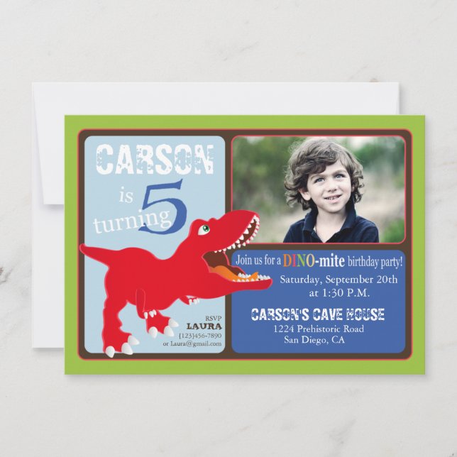 Red T-Rex Dinosaur Fifth Birthday Invitation Card (Front)