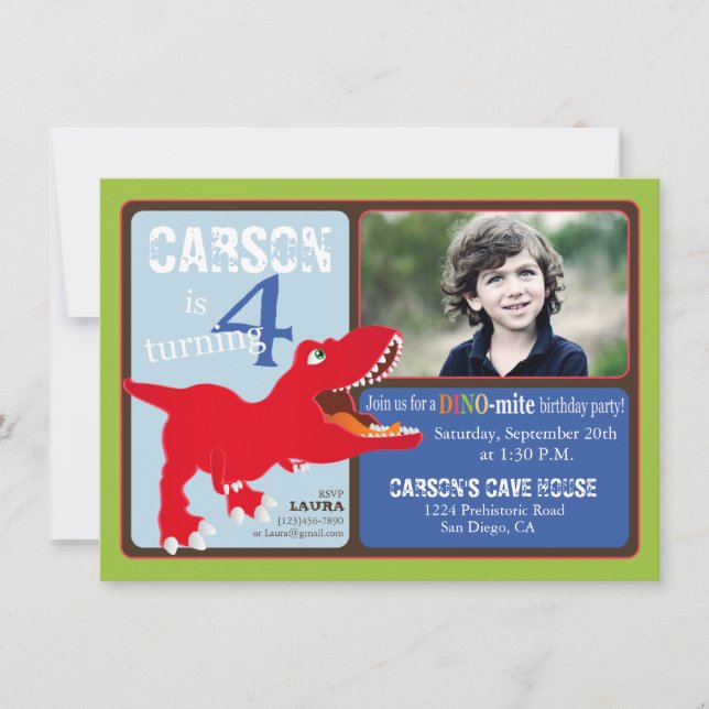 Red T-Rex Dinosaur Fourth Birthday Invitation Card (Front)