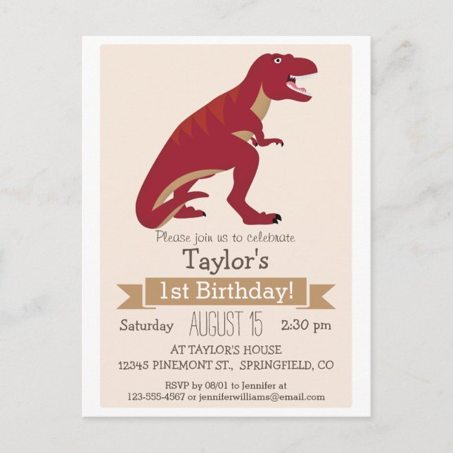 Red T-Rex Dinosaur Kid's Birthday Party Invitation Postcard (Front)
