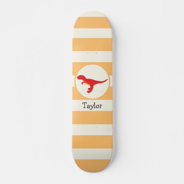 Red T-Rex Dinosaur; Orange Stripes Skateboard (Front)