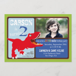 Red T-Rex Dinosaur Second Birthday Invitation Card