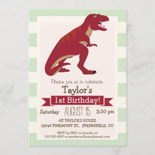 Red T-Rex on Pastel Green Stripes Invitation