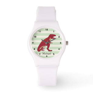 Red T-Rex on Pastel Green Stripes Watch