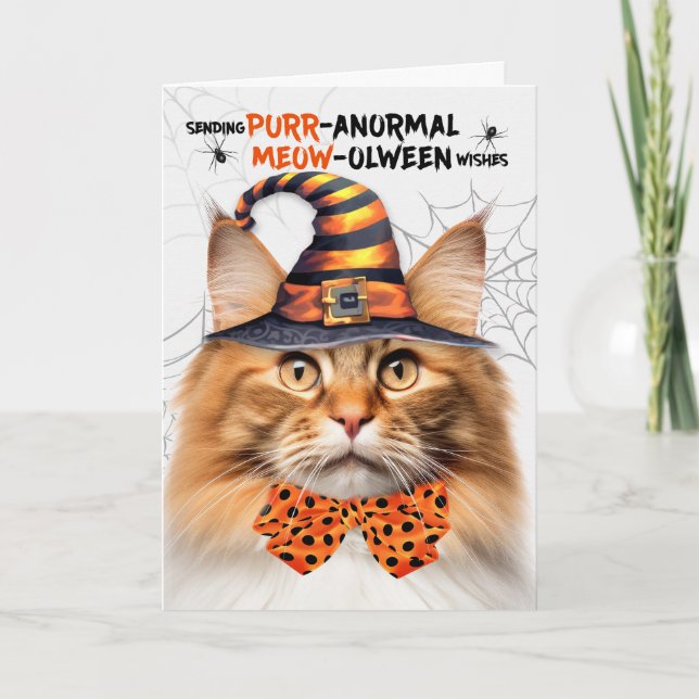 Red Tabby Norwegian Forest PURRanormal MEOWolween Holiday Card (Front)