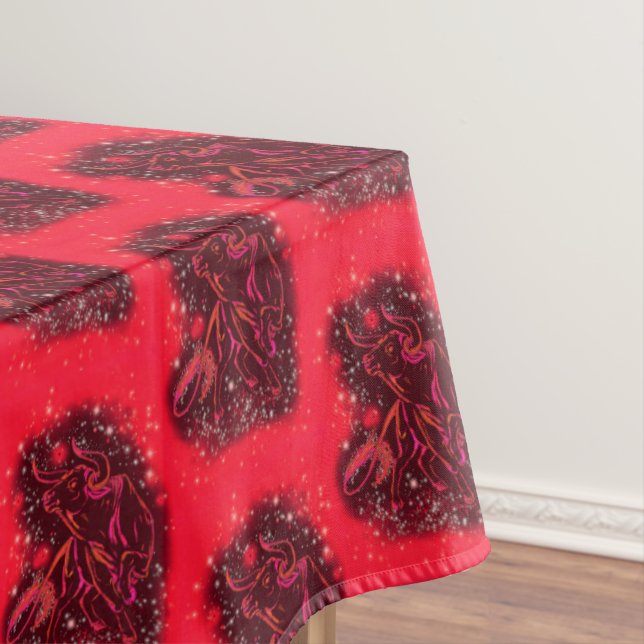 Red Tablecloth with Running Bull In Starry Night (In Situ)