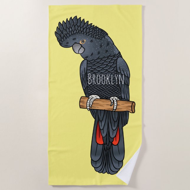 Red-tailed black cockatoo bird cartoon beach towel (Front)