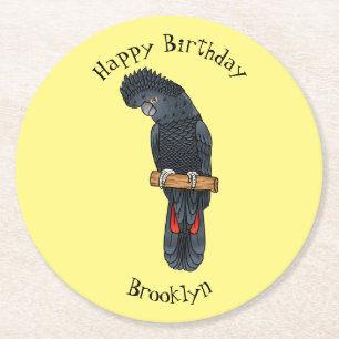 Red-tailed black cockatoo bird cartoon  round paper coaster