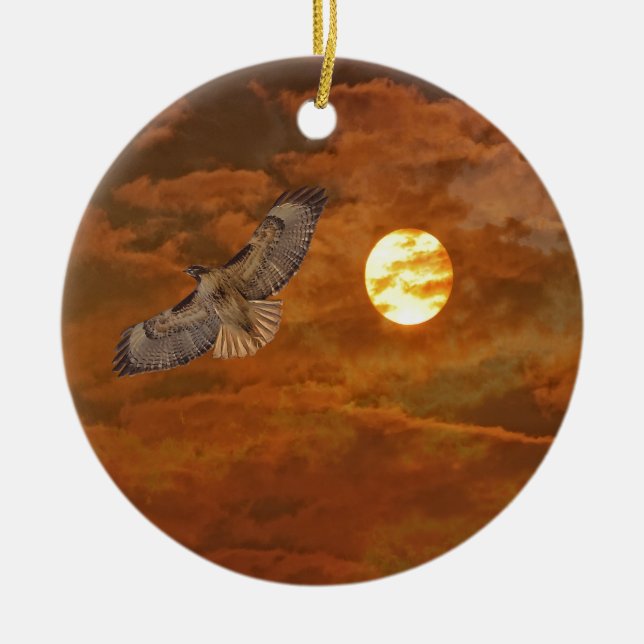 Red Tailed Hawk and Red Skies Ceramic Ornament (Front)