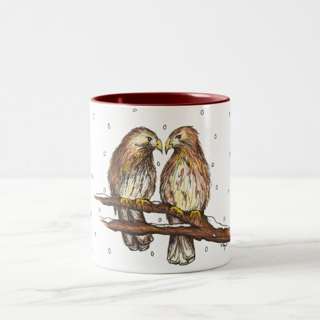 Red-Tailed Hawk Love Birds Snow Birdwatching Two-Tone Coffee Mug (Center)