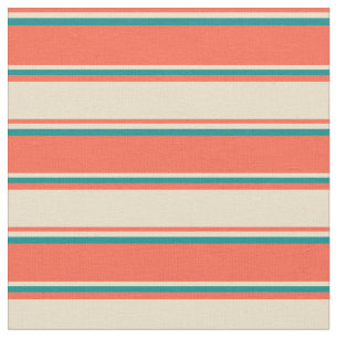 Red, Tan, and Dark Cyan Lined/Striped Pattern Fabric