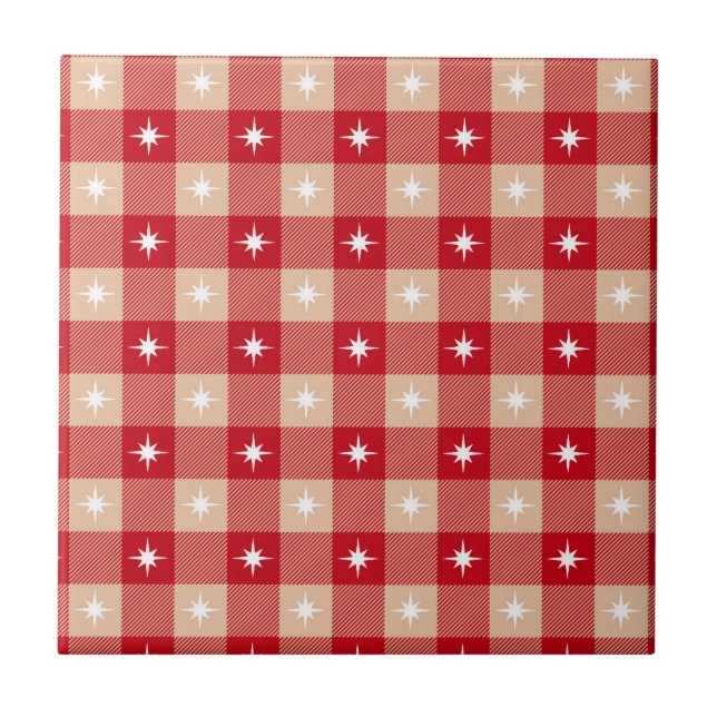 Red Tan Beige Buffalo Plaid White Stars Trendy Ceramic Tile (Front)