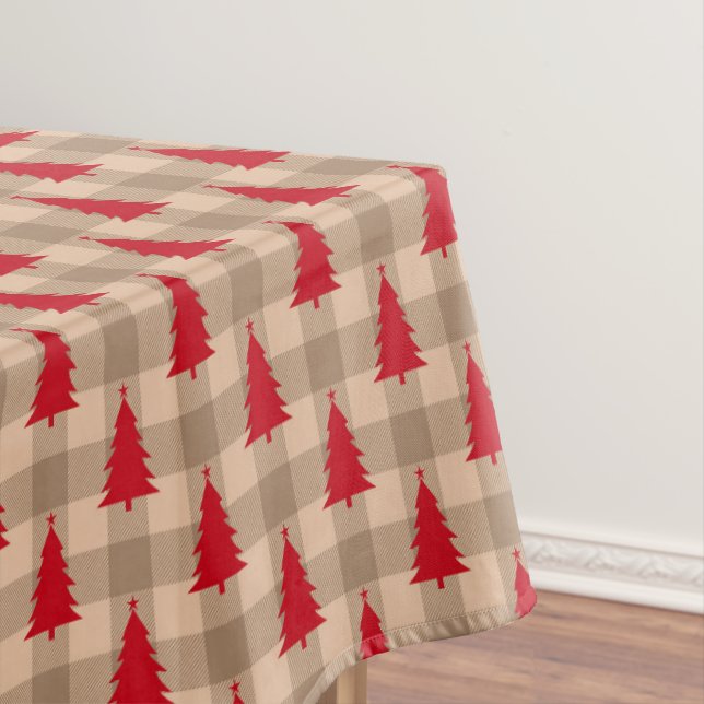 Red Tan Buffalo Plaid Red Christmas Trees Holiday Tablecloth (In Situ)