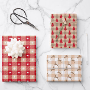 Red Tan Country Plaid Trees Christmas Holiday Wrapping Paper Sheet
