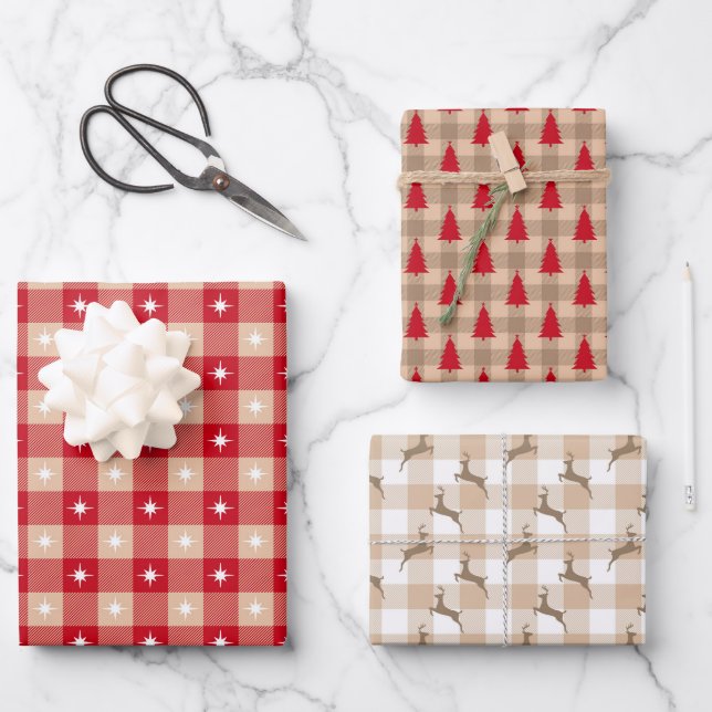 Red Tan Country Plaid Trees Christmas Holiday Wrapping Paper Sheet (Front)
