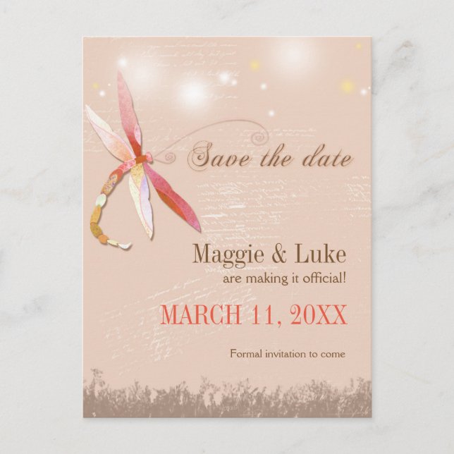Red & Tan Dragonfly Wedding Save the Date Announcement Postcard (Front)