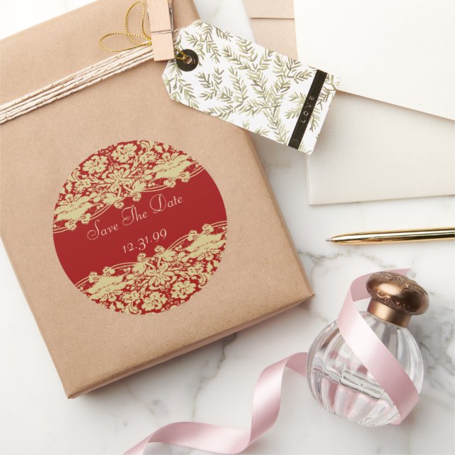 Red & Tan Ecru Save The Date  Classic Round Sticker (Gifting)