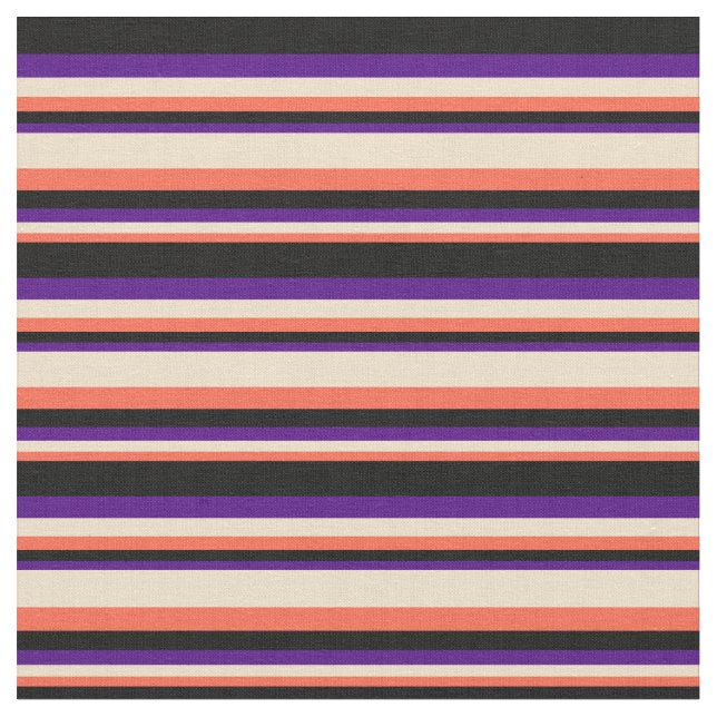 Red, Tan, Indigo & Black Coloured Lines Fabric (Close Up)