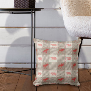 Red Tan Moose Bear Cabin Pattern Cushion