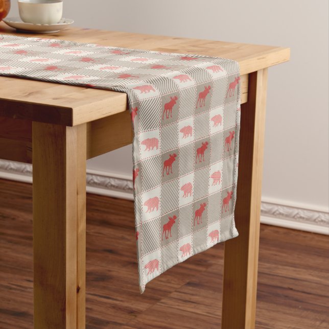 Red Tan Moose Bear Cabin Pattern Short Table Runner (In Situ)